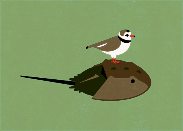 Flat illustration of a piping plover riding a horseshoe crab against a green background