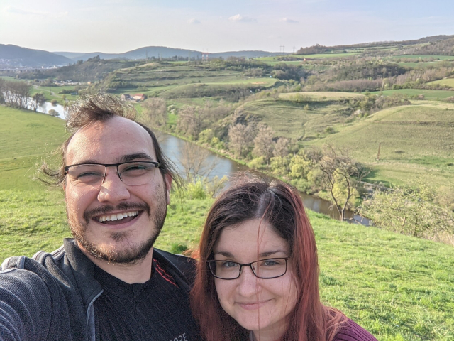 Photo of me and Anna from the Tetín cliff with a view of Beroun